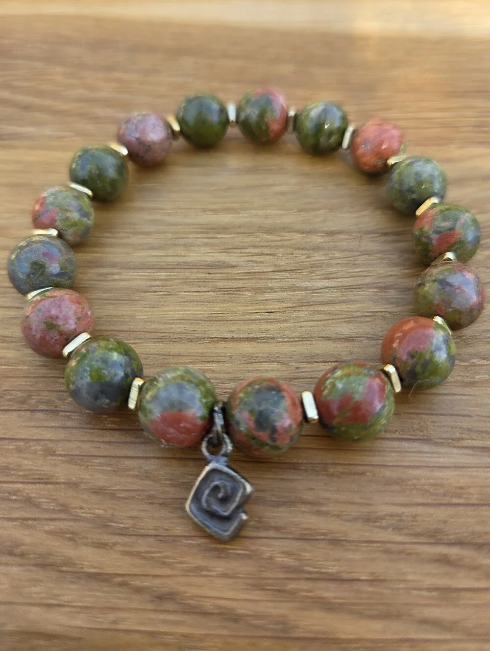 Green & Pink Unakite Beads Stretch Bracelet - Handcrafted